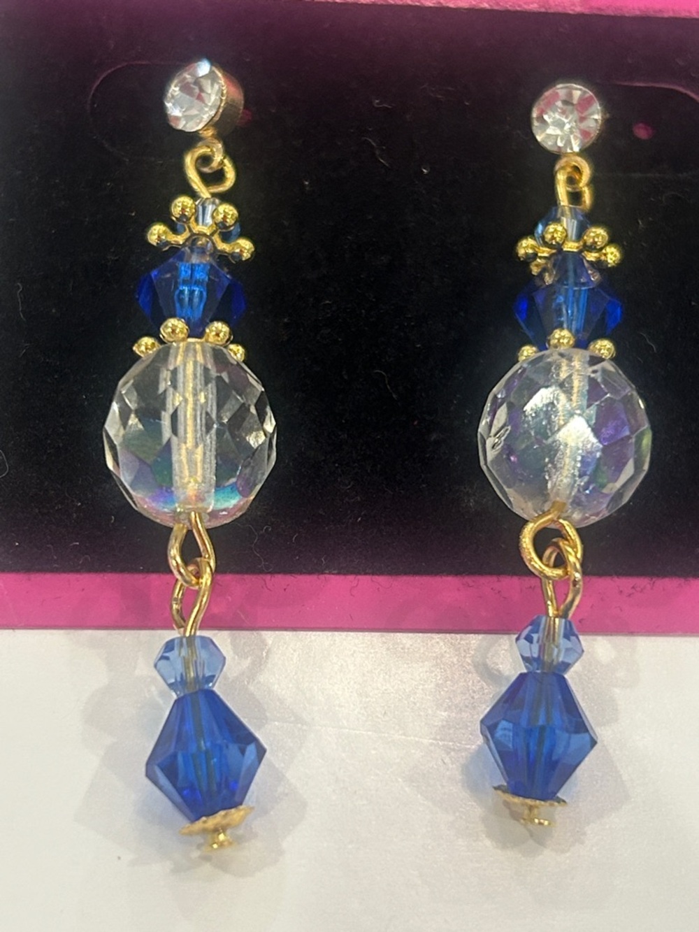 Blue and AB Crystal Drop Earrings with Gold Accents-NWT